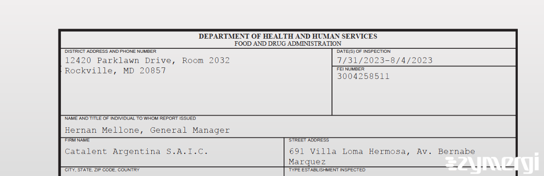 FDANews 483 Catalent Argentina S.A.I.C. Aug 4 2023 top