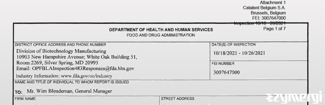 FDANews 483 Catalent Belgium SA Oct 26 2021 top