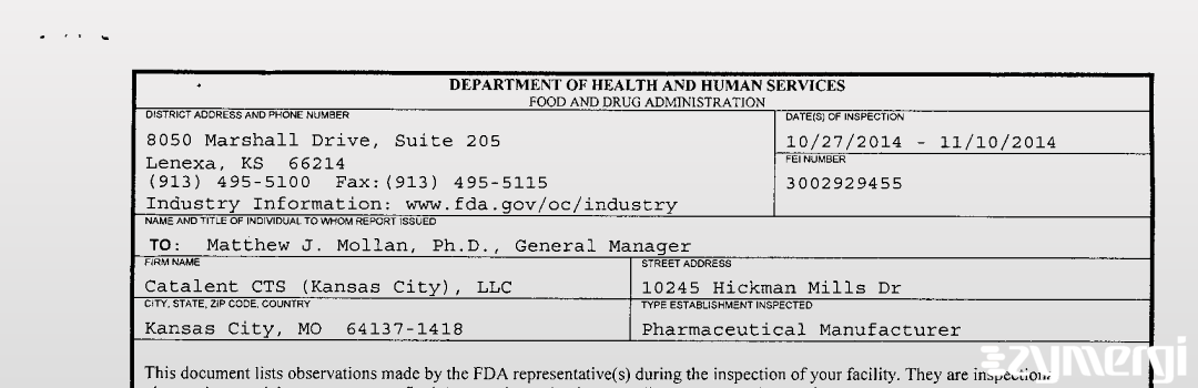 FDANews 483 Catalent CTS (Kansas City), LLC Nov 10 2014 top