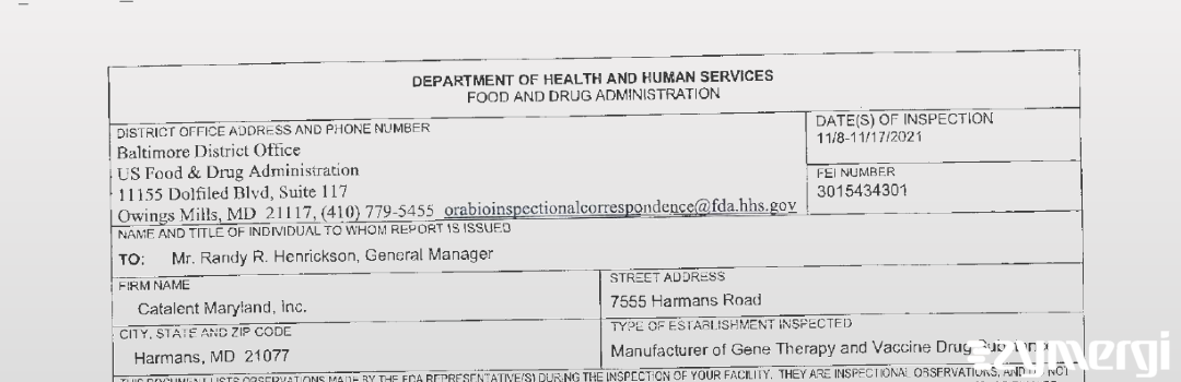 FDANews 483 Catalent Maryland, Inc. Nov 17 2021 top
