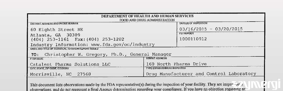 FDANews 483 Catalent Pharma Solutions Inc Mar 20 2015 top
