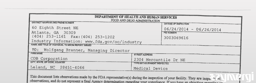 FDANews 483 CDB Corporation Jun 26 2014 top