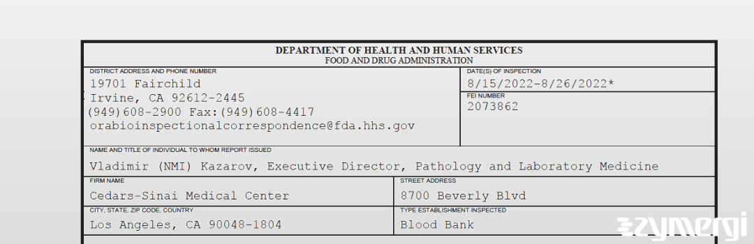 FDANews 483 Cedars-Sinai Medical Center Aug 26 2022 top