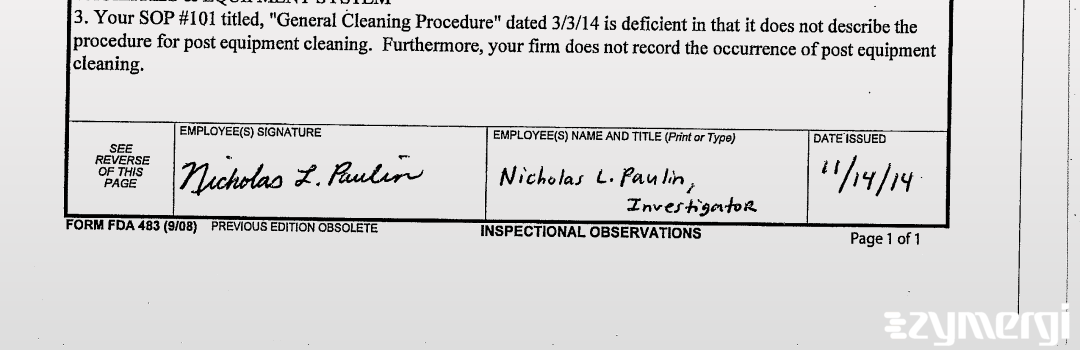 Nicholas L. Paulin FDA Investigator 