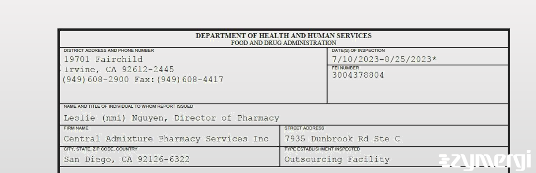 FDANews 483 Central Admixture Pharmacy Services Inc Aug 25 2023 top
