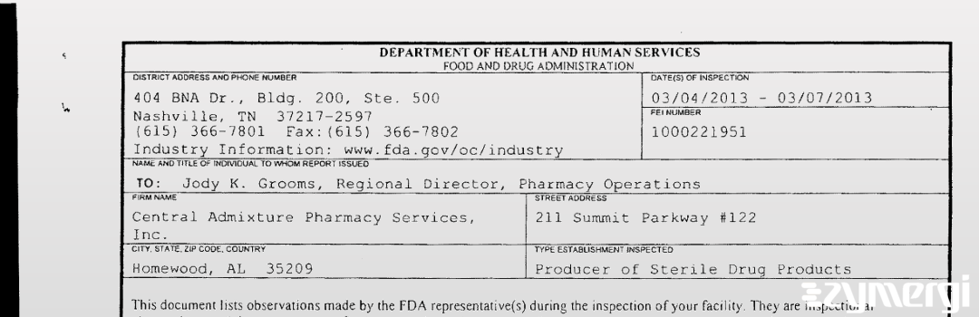 FDANews 483 Central Admixture Pharmacy Services Inc Mar 7 2013 top