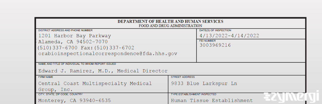 FDANews 483 Central Coast Multispecialty Medical Group, Inc. Apr 14 2022 top