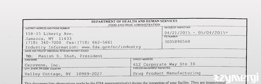FDANews 483 Cerovene Inc. May 4 2015 top