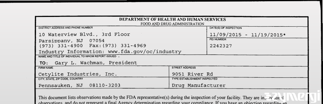 FDANews 483 Cetylite Industries, Inc. Nov 19 2015 top