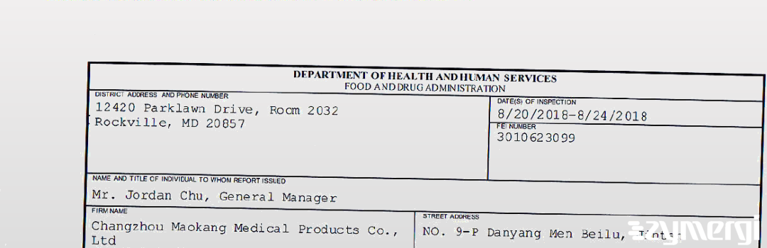 FDANews 483 Changzhou Maokang Medical Products Co., Ltd Aug 24 2018 top