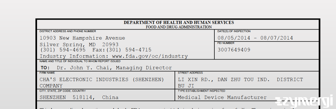FDANews 483 CHA'S ELECTRONIC INDUSTRIES (SHENZHEN) COMPANY Aug 7 2014 top