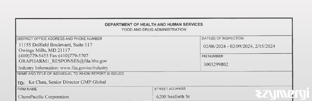 FDANews 483 ChemPacific Corporation Feb 15 2024 top