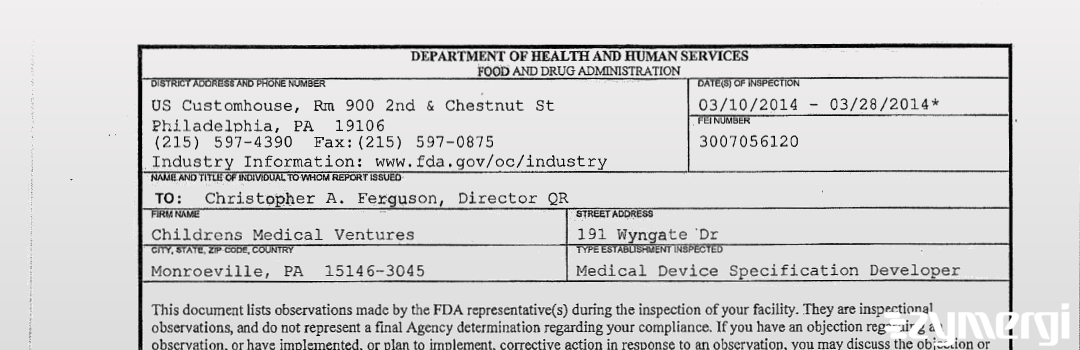 FDANews 483 Childrens Medical Ventures Mar 28 2014 top