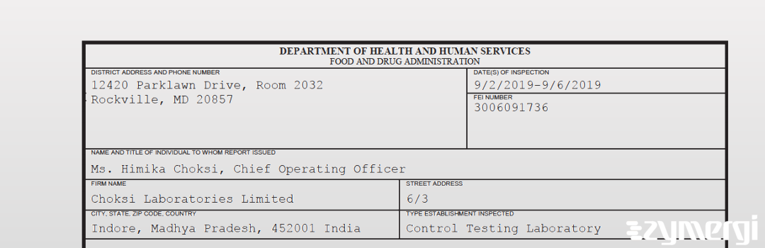 FDANews 483 Choksi Laboratories Limited Sep 6 2019 top