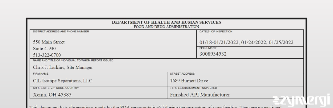 FDANews 483 CIL Isotope Separations, LLC Jan 25 2022 top