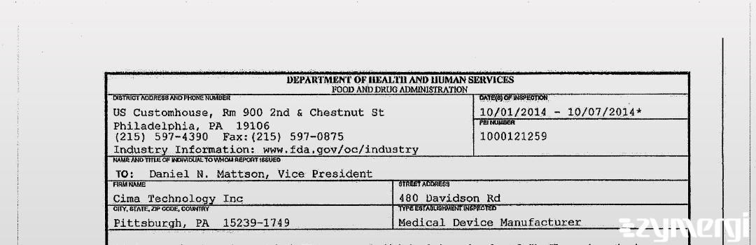 FDANews 483 Cima Technology Inc Oct 7 2014 top