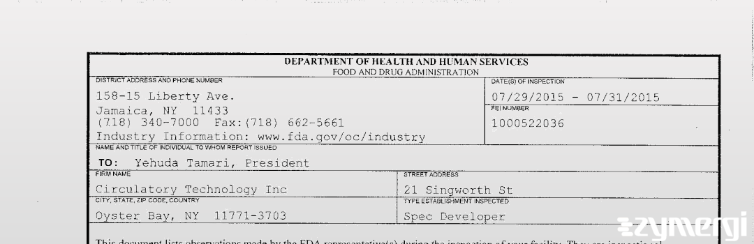 FDANews 483 Circulatory Technology Inc. Jul 31 2015 top