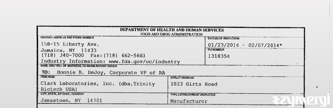 FDANews 483 Clark Laboratories, Inc. (dba,Trinity Biotech USA) Feb 7 2014 top