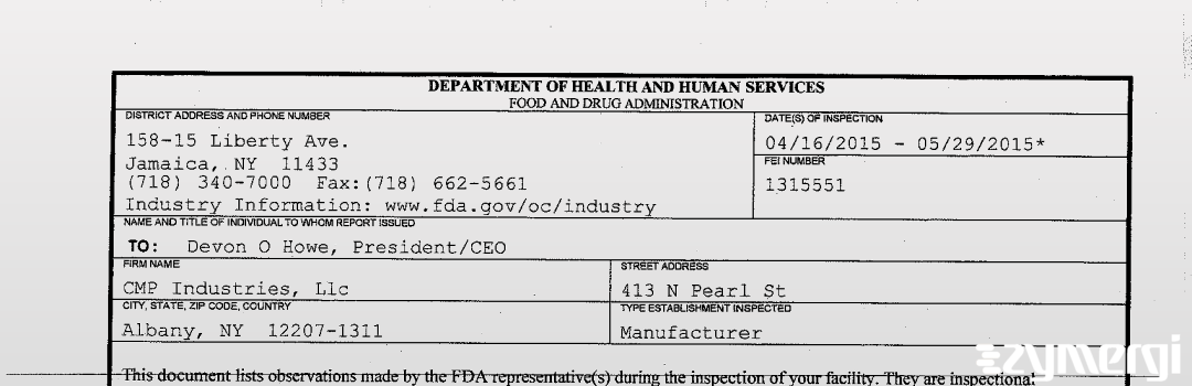 FDANews 483 CMP Industries, Llc May 29 2015 top