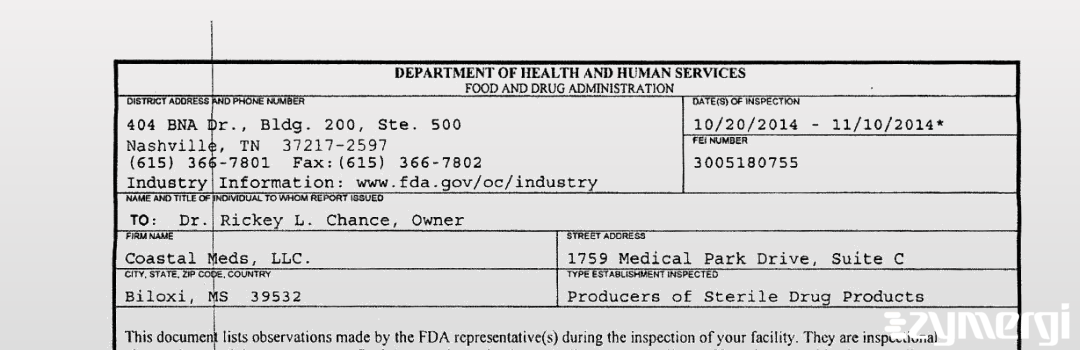 FDANews 483 Coastal Meds, LLC Nov 10 2014 top