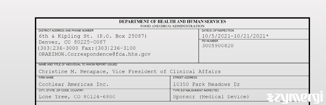 FDANews 483 Cochlear Americas Inc. Oct 21 2021 top