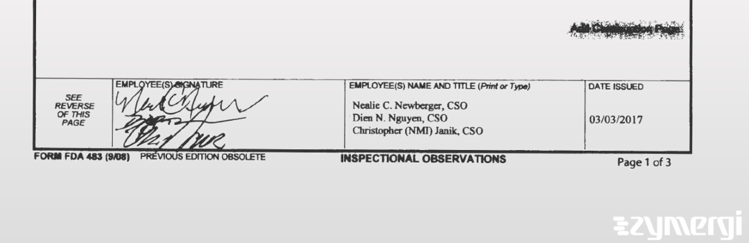 Nealie C. Newberger FDA Investigator Dien N. Nguyen FDA Investigator Christopher Janik FDA Investigator