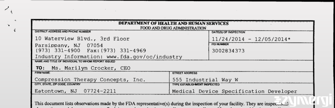FDANews 483 Compression Therapy Concepts, Inc. Dec 5 2014 top