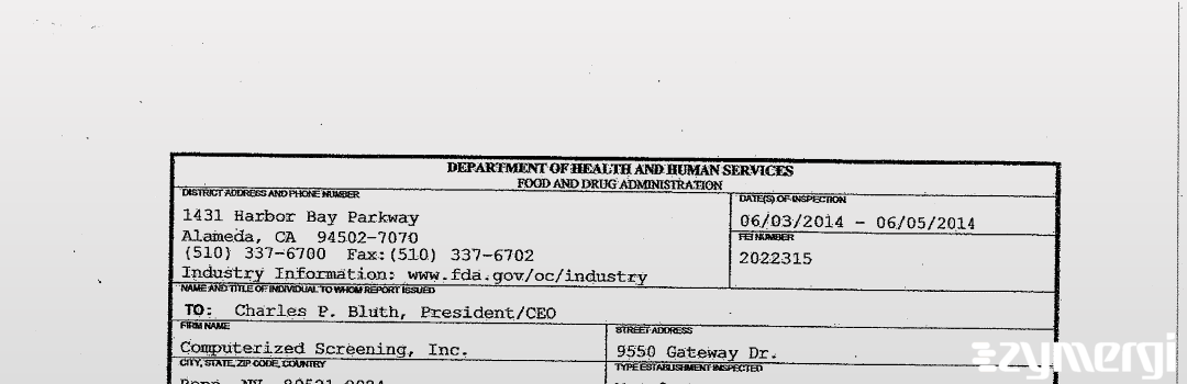 FDANews 483 Computerized Screening Inc Jun 5 2014 top