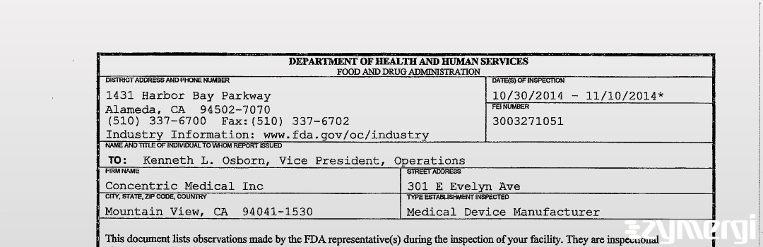 FDANews 483 Concentric Medical Inc Nov 10 2014 top