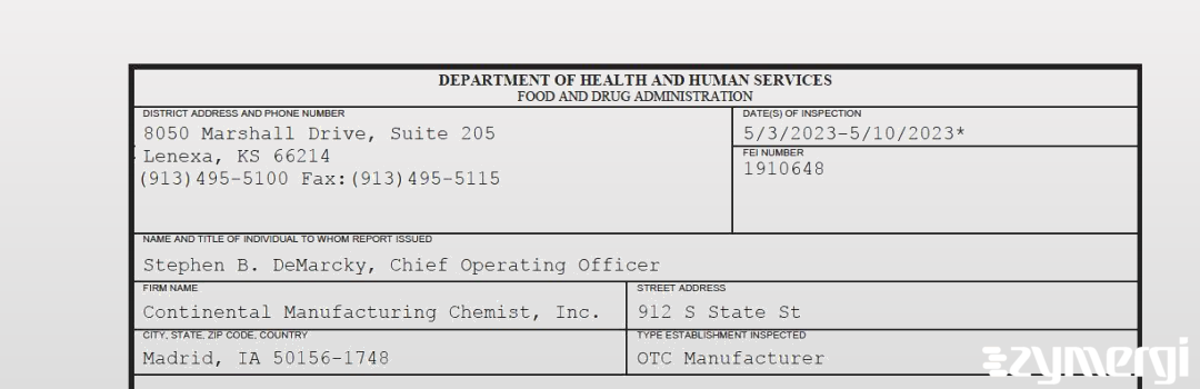 FDANews 483 Continental Manufacturing Chemist, Inc. May 10 2023 top