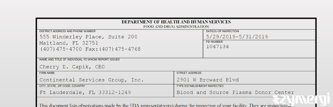 FDANews 483 Continental Services Group, Inc. May 31 2019 top