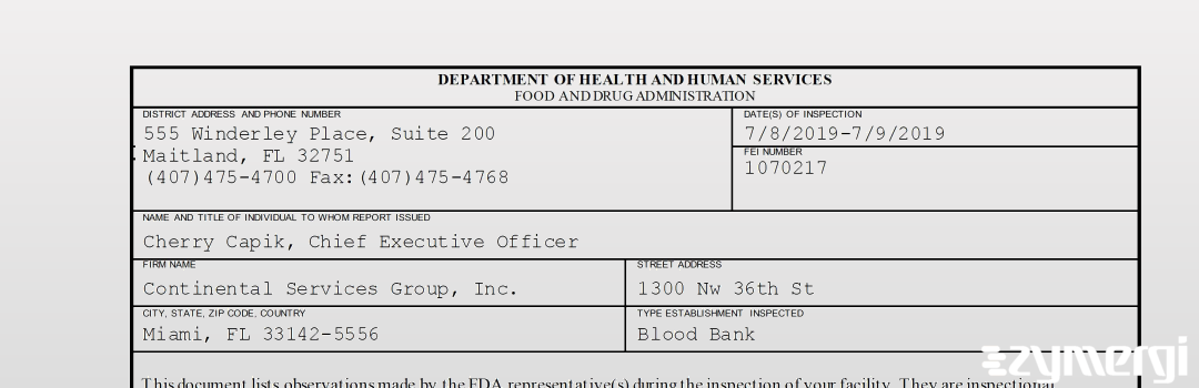 FDANews 483 Continental Services Group, Inc. Jul 9 2019 top