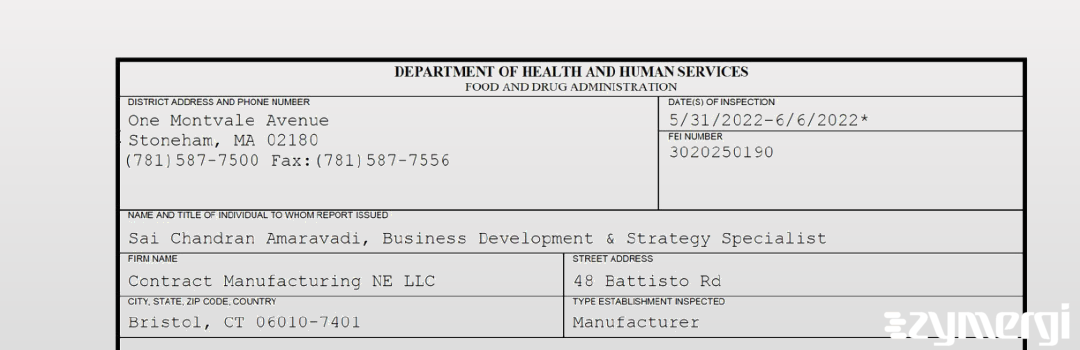 FDANews 483 Contract Manufacturing NE LLC Jun 6 2022 top
