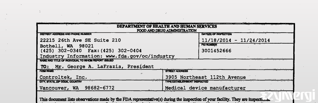 FDANews 483 Controltek, Inc. Nov 24 2014 top