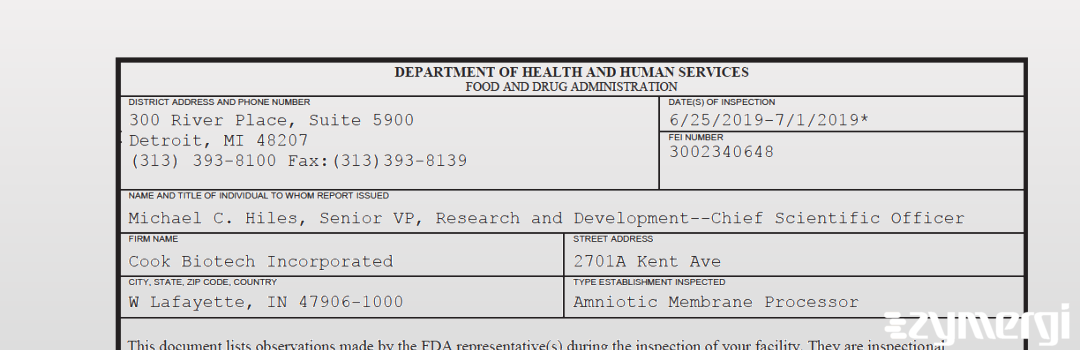 FDANews 483 Cook Biotech Incorporated Jul 1 2019 top