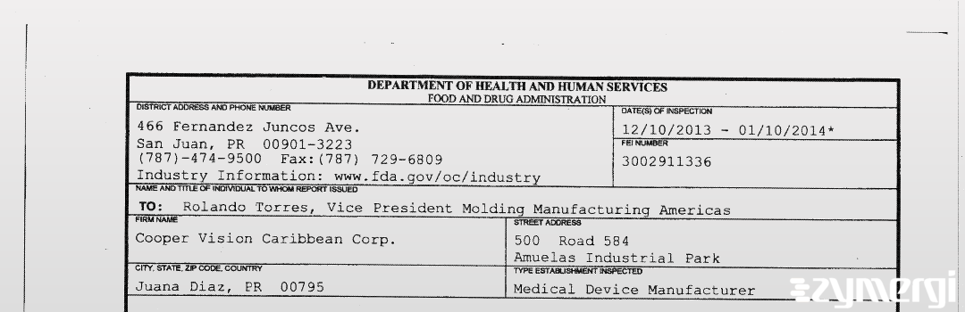 FDANews 483 Cooper Vision Caribbean Corp. Jan 10 2014 top