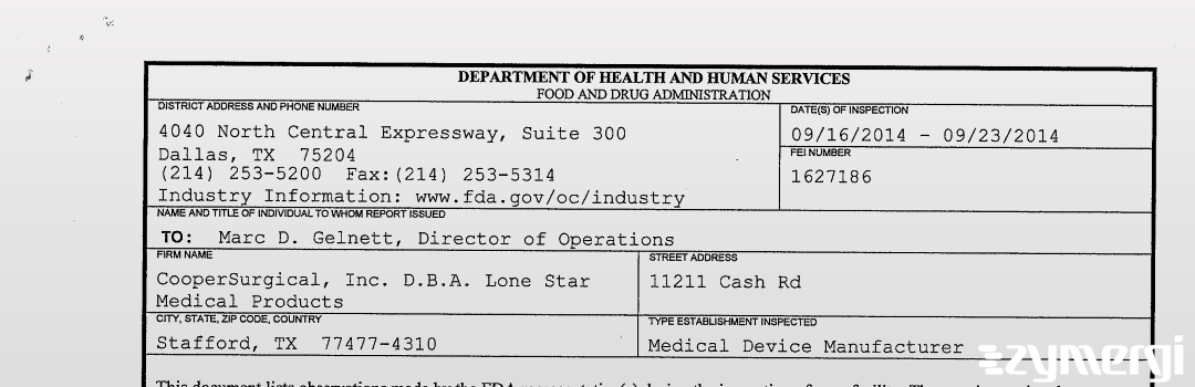 FDANews 483 CooperSurgical, Inc. D.B.A. Lone Star Medical Products Sep 23 2014 top