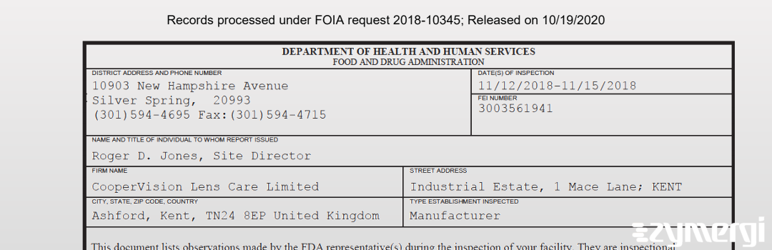 FDANews 483 CooperVision Lens Care Limited Nov 15 2018 top