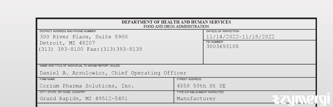 FDANews 483 Corium Pharma Solutions, Inc. Nov 18 2022 top
