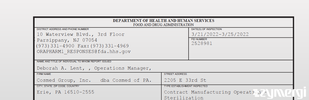 FDANews 483 Cosmed Group, Inc. dba Cosmed of PA. Mar 25 2022 top