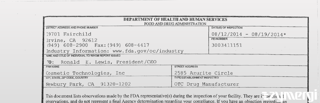 FDANews 483 Cosmetic Technologies, Inc Aug 19 2014 top