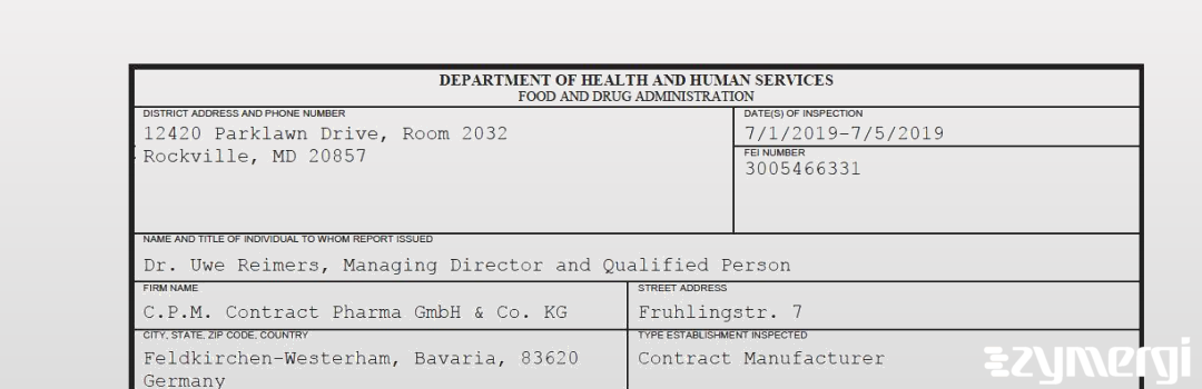 FDANews 483 C.P.M. Contract Pharma GmbH & Co. KG Jul 5 2019 top