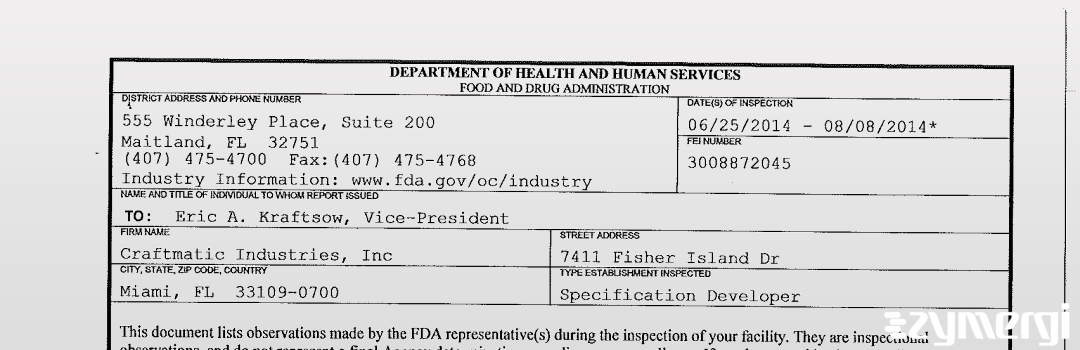 FDANews 483 Craftmatic Industries, Inc. Aug 8 2014 top
