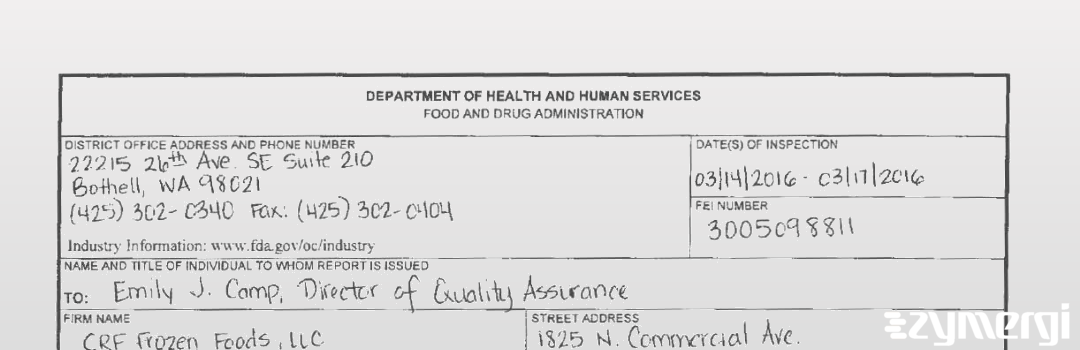 FDANews 483 CRF Frozen Foods, LLC Mar 17 2016 top