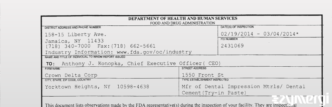 FDANews 483 Crown Delta Corp Mar 4 2014 top