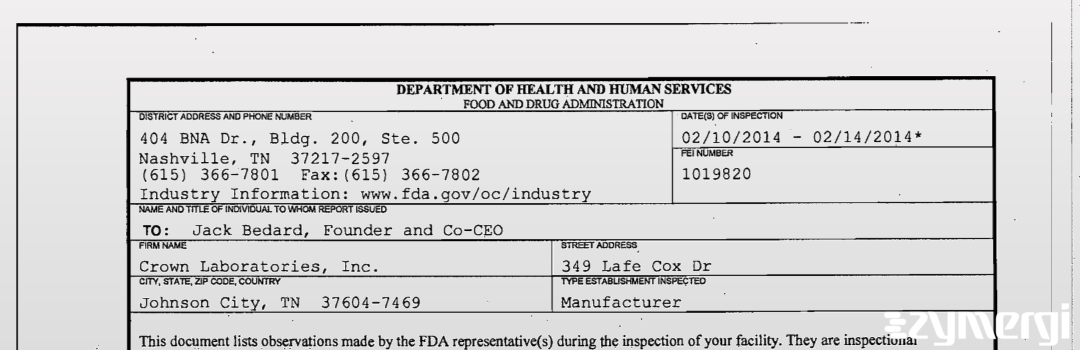 FDANews 483 Crown Laboratories Inc Feb 14 2014 top