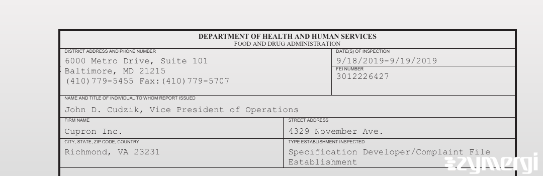 FDANews 483 Cupron Inc. Sep 19 2019 top