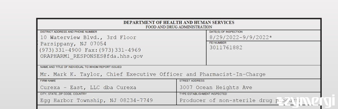 FDANews 483 Curexa - East, LLC dba Curexa Sep 9 2022 top