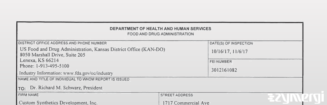 FDANews 483 Custom Synthetics Development Inc Nov 6 2017 top