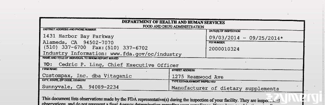 FDANews 483 Custompax, Inc., dba Vitaganic Sep 25 2014 top